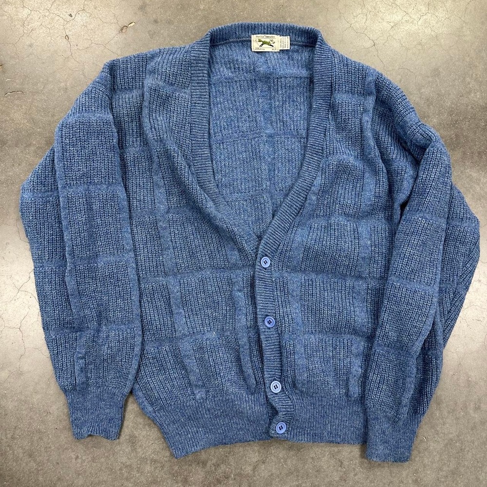 VTG JCPenney The Fox Cardigan Sweater Blue Brick Knit Wool Blend Size XLT